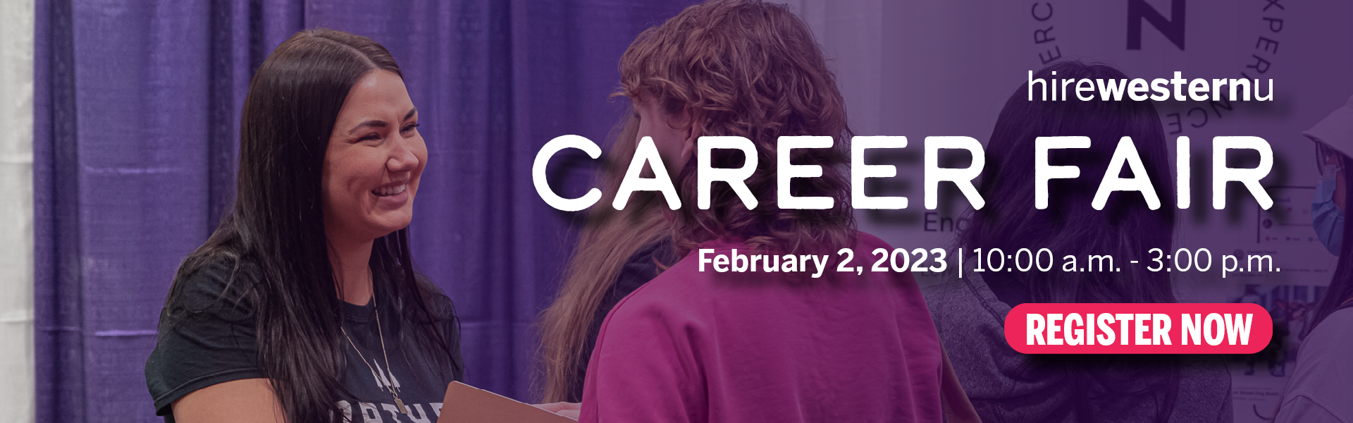 Recruiter and student speaking at previous Career Fair with purple overlay and white text reading hirewesternu Career Fair, February 2, 2023 from 10am - 3pm. Register now!