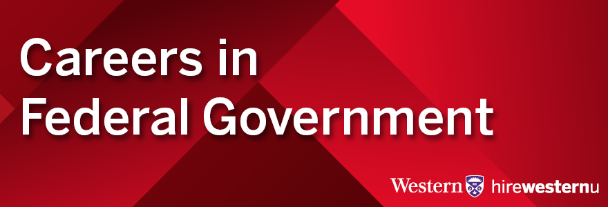 Red background with text reading Careers in Federal Government with a Western University logo and hirewesternu wordmark